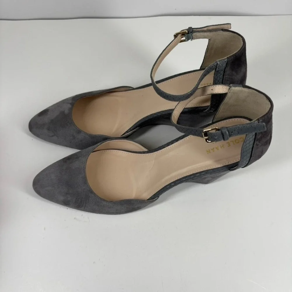 Cole Haan Lara Women's US 11 Grey Suede‎ Comfort Casual Ankle Strap Wedge Pumps